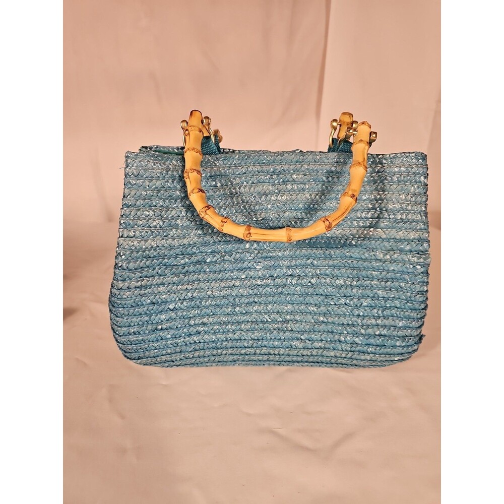 Vintage Turquoise Woven Straw Bamboo Handle Tote Bag Purse Y2K